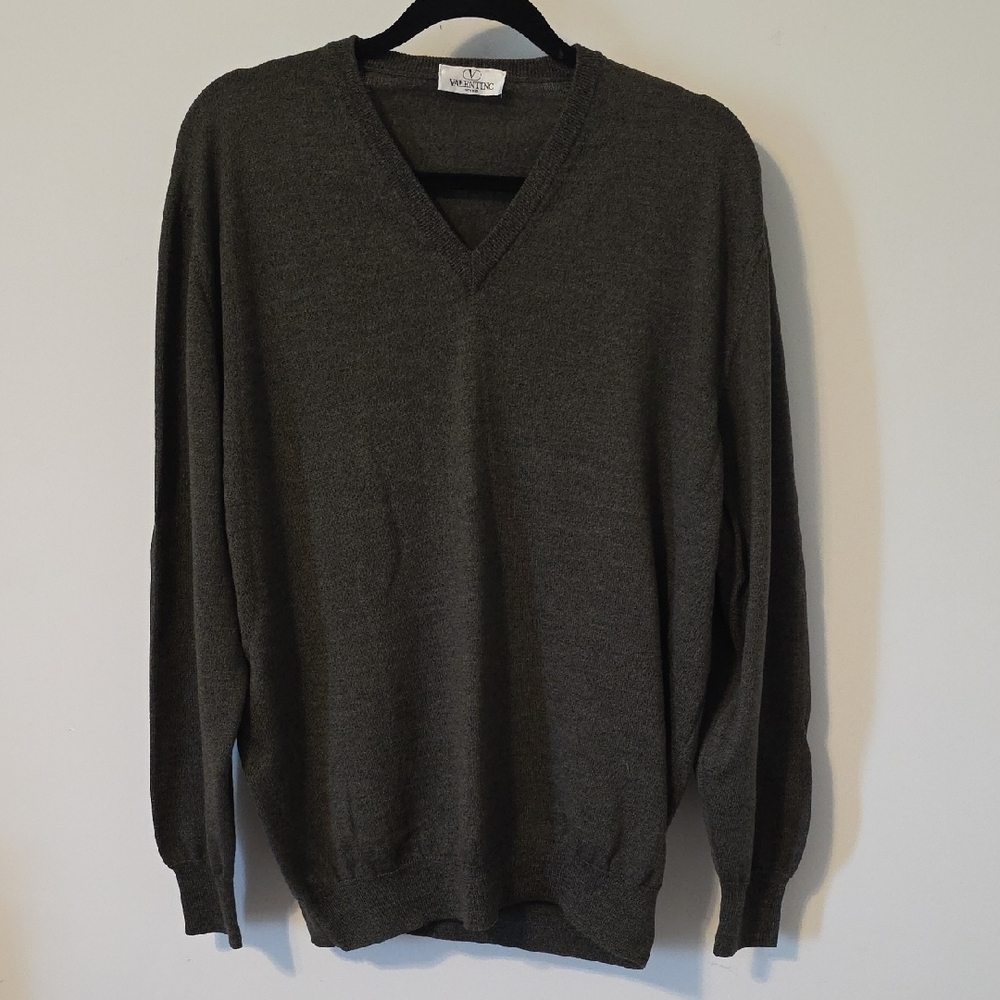 Valentino 100% Merino Wool Dark Olive Green V-Neck Sweater Sz XXL Made In Italy